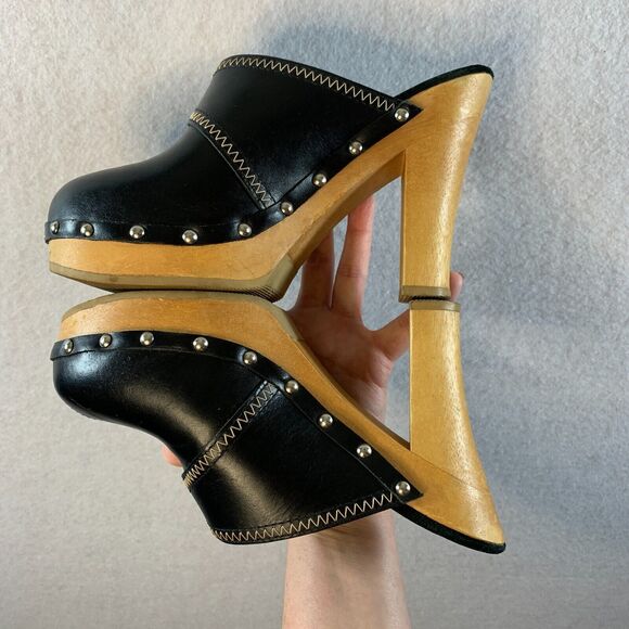 VTG 00s Steve Madden Women Y2K Wooden Platform Clogs Sz 6 Black Leather Studded - Picture 8 of 16